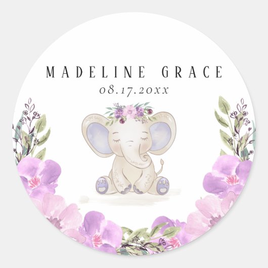 エレファントベビーガール赤ちゃんシャワーシール ラウンドシール (正面)