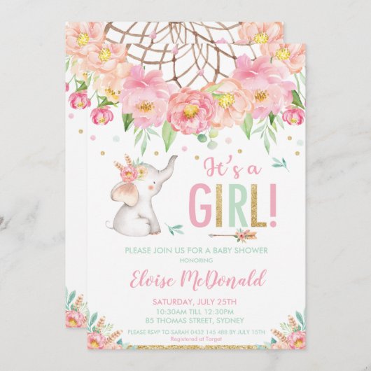 エレファントベビーシャワーガールボホピンクミントフローラ 招待状 (正面/裏面)