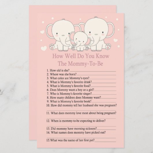 エレファントベビーシャワーゲームをどれだけ知っているか (正面/裏面)