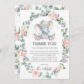 エレファントベビーシャワーピンクパープルフローラグリーン サンキューカード (正面/裏面)