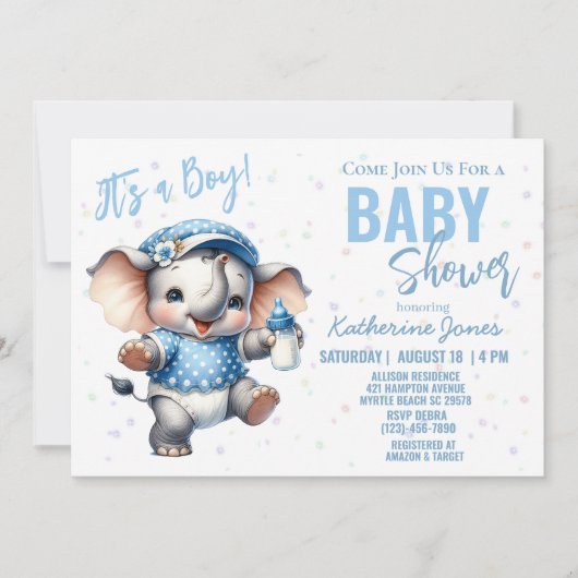 エレファントベビーシャワーブルーボーイファーム 招待状 (正面)