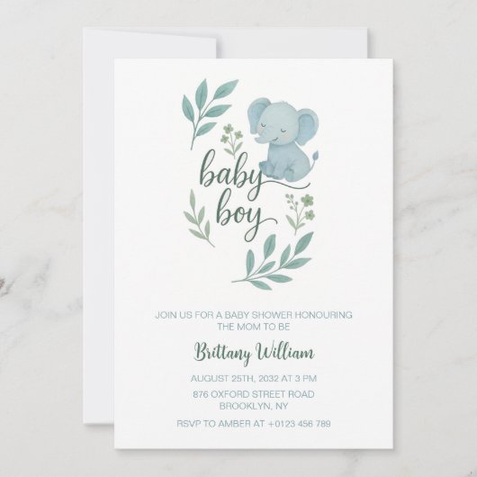 エレファントベビーシャワーブルー男の赤ちゃん 招待状 (正面)