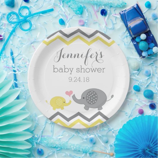 エレファントベビーシャワープレート |イエローグレーシェブロン ペーパープレート (パーティー)
