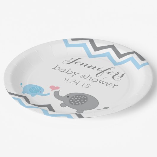 エレファントベビーシャワープレート |青い灰色の山形 ペーパープレート (アングル)