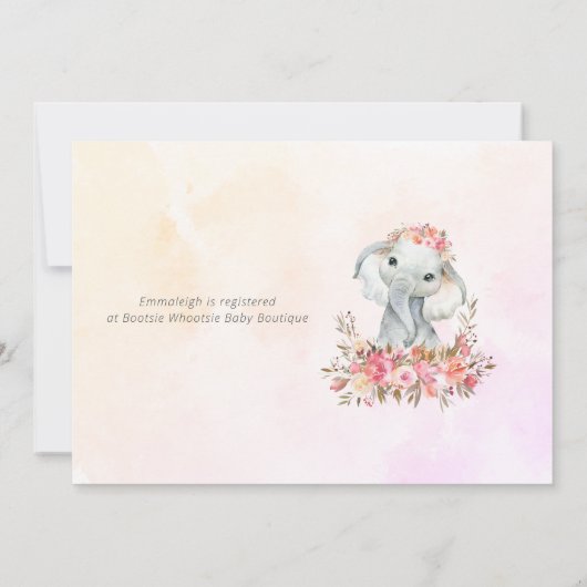 エレファントベビーシャワーボホシックなコーラルウォーターの色 招待状 (裏面)