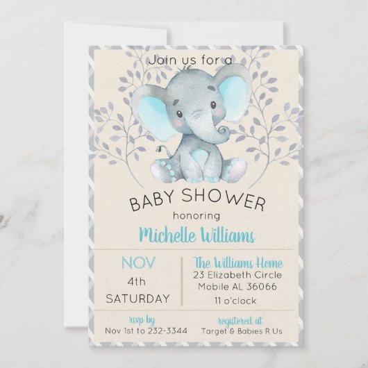 エレファントベビーシャワーボーイ招待状 招待状 (正面)