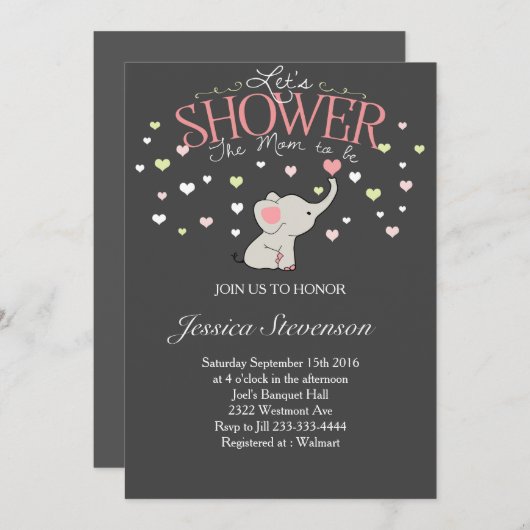 エレファントベビーシャワー招待ハートシャワー 招待状 (正面/裏面)