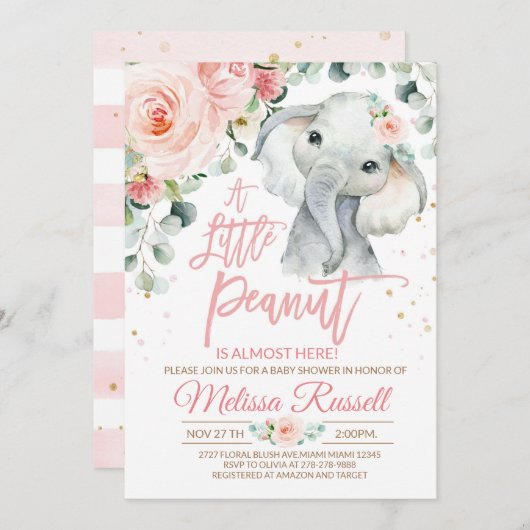 エレファントベビーシャワー招待状ガールサファリピンク 招待状 (正面/裏面)