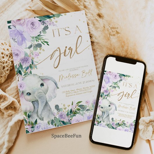 エレファントベビーシャワー招待状ガールサファリプル 招待状