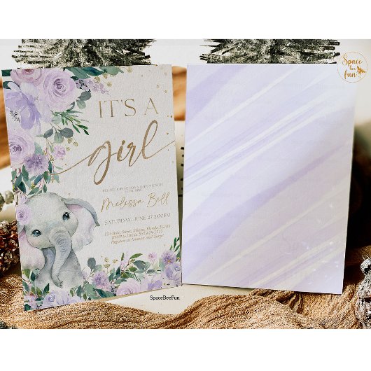 エレファントベビーシャワー招待状ガールサファリプル 招待状
