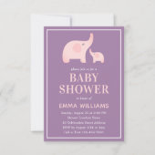 エレファントベビーシャワー招待状ガール – パープルピンク 招待状 (正面)