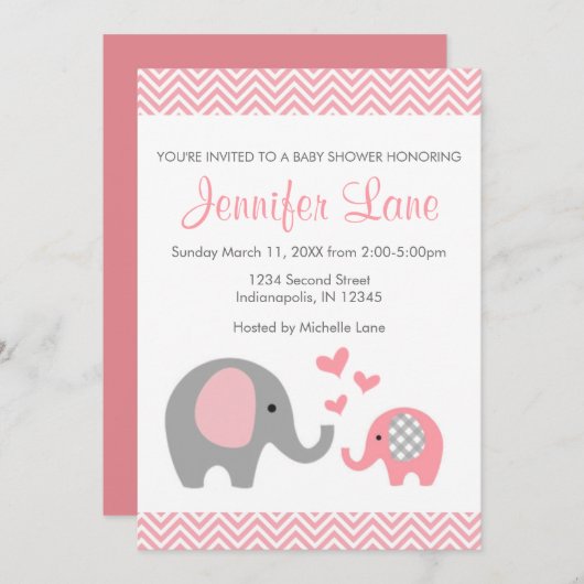 エレファントベビーシャワー招待状ガール 招待状 (正面/裏面)