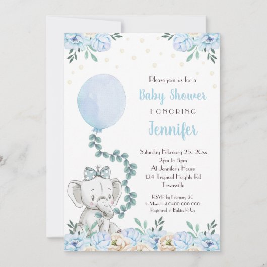 エレファントベビーシャワー招待状バルーンブルーベビー 招待状 (正面)
