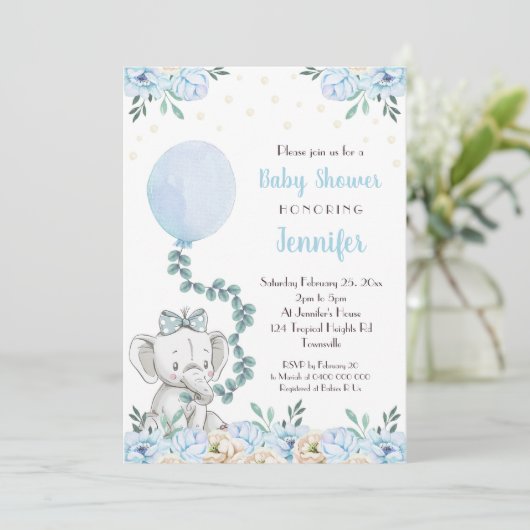 エレファントベビーシャワー招待状バルーンブルーベビー 招待状 (スタンド正面)
