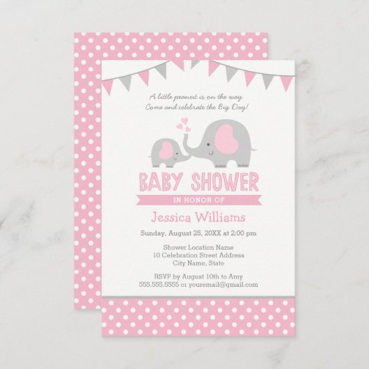 エレファントベビーシャワー招待状ピンクとグレー 招待状 (正面/裏面)