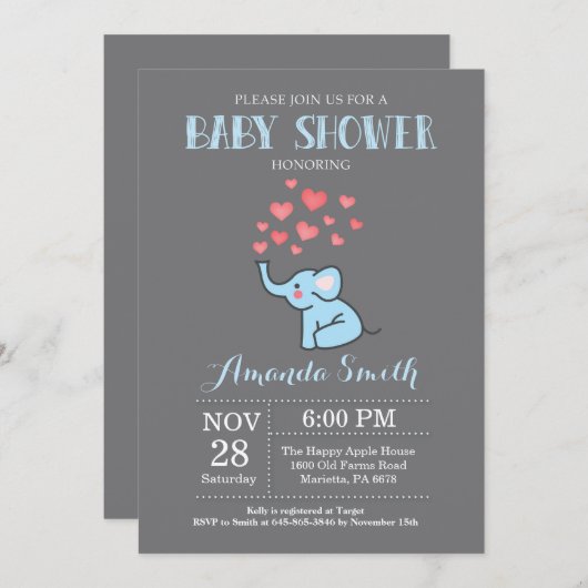 エレファントベビーシャワー招待状ブルーアンドグレーボーイ 招待状 (正面/裏面)