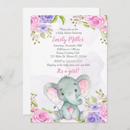 エレファントベビーシャワー招待状水彩 招待状 (正面/裏面)
