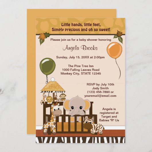 エレファントベビーシャワー招待状秋ジャングルサファリ 招待状 (正面/裏面)