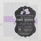 エレファントベビーシャワー招待状紫と灰色 招待状 (正面/裏面)