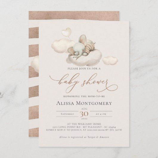 エレファントベビーシャワー招待状 (正面/裏面)