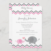 エレファントベビーシャワー招待状 |ピンクの灰色のシェブロン 招待状 (正面/裏面)