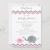 エレファントベビーシャワー招待状 |ピンクの灰色のシェブロン 招待状 (正面)