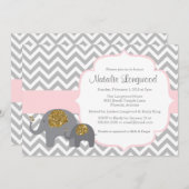 エレファントベビーシャワー招待状、ピンク金ゴールドグリッター 招待状 (正面/裏面)