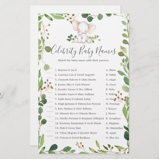 エレファントベビーシャワー有名人ベビーネーム (正面/裏面)