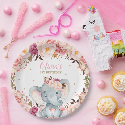 エレファントベビーシャワー誕生日赤面フローラ9" ペーパープレート (パーティー)