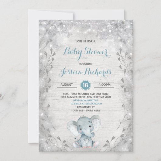 エレファントベ素朴ビーシャワー招待状ボーイシャワー 招待状 (正面)