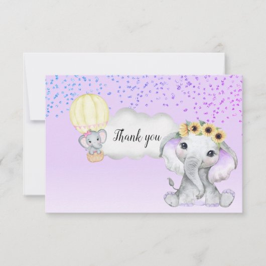 エレファントホットエアバルーンパープルベビーシャワー サンキューカード (正面)
