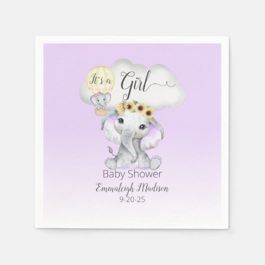 エレファントホットエアバルーンパープルベビーシャワー スタンダードカクテルナプキン (正面)
