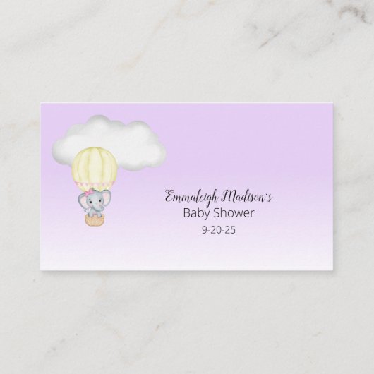 エレファントホットエアバルーンベビー紫おむつラッフル エンクロージャーカード (裏面)