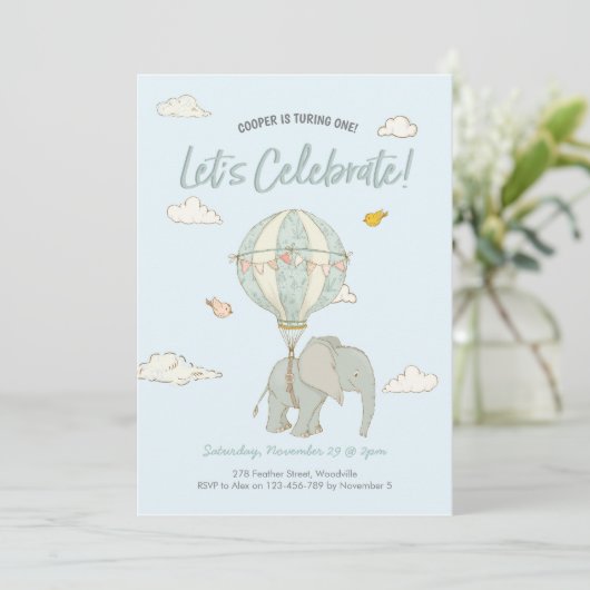 エレファントホットエアバルーンボーイズ誕生日招待状 招待状 (スタンド正面)