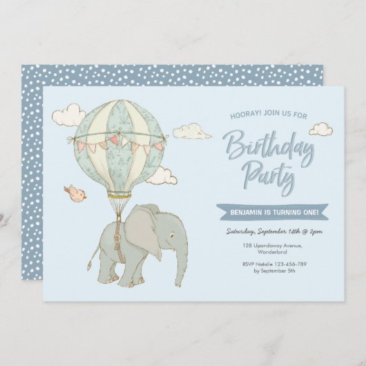 エレファントホットエアバルーン誕生日招待状 招待状 (正面/裏面)