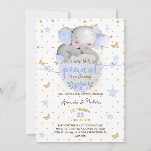 エレファントボタニカルパステルブルー男の赤ちゃんシャワー 招待状 (正面)