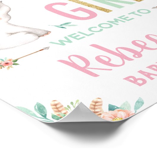 エレファントボホピンクフローラベビーシャワーガールウェルカム ポスター (角)