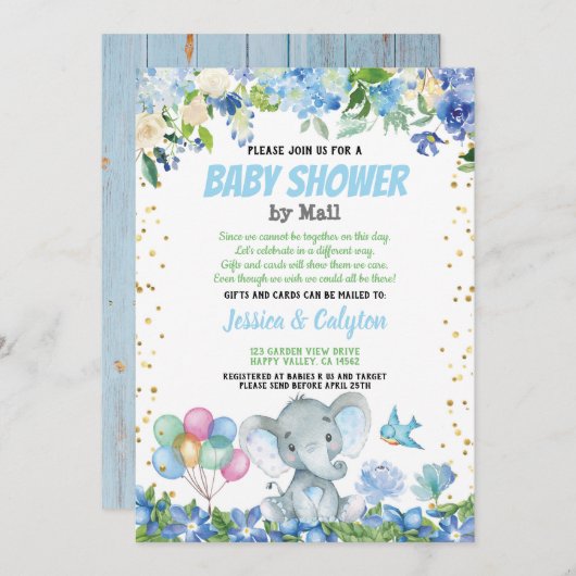 エレファントボーイの赤ちゃんシャワーby mail blueフローラ 招待状 (正面/裏面)