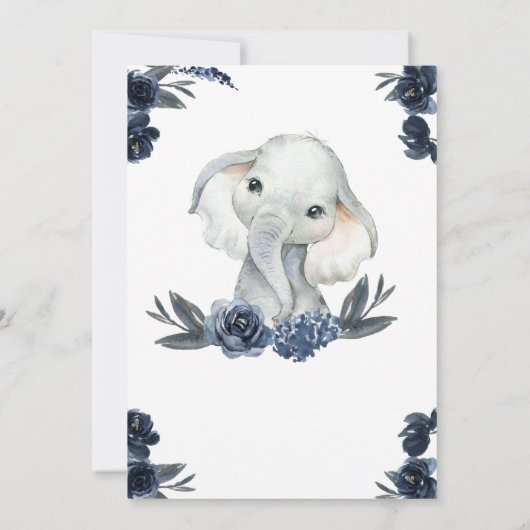 エレファントボーイウォーター色フローラネイビーブルーベビーインビ 招待状 (裏面)