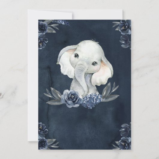 エレファントボーイウォーター色フローラネイビーブルーベビー 招待状 (裏面)