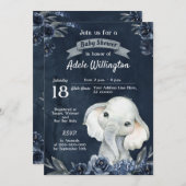 エレファントボーイウォーター色フローラネイビーブルーベビー 招待状 (正面/裏面)