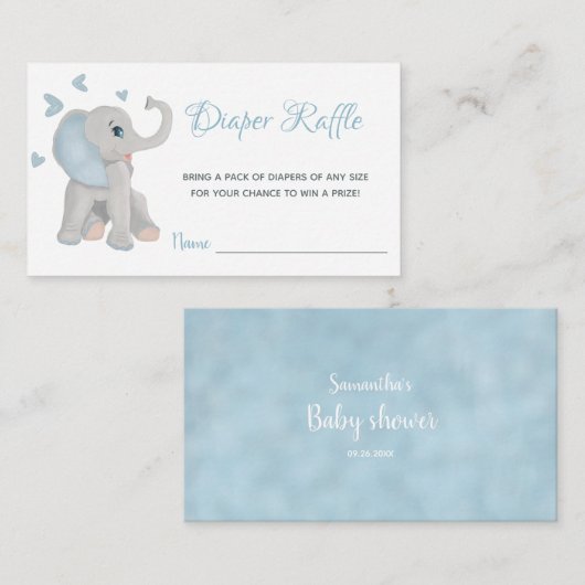 エレファントボーイブルーベビーシャワーおむつラッフルカード エンクロージャーカード (正面/裏面)