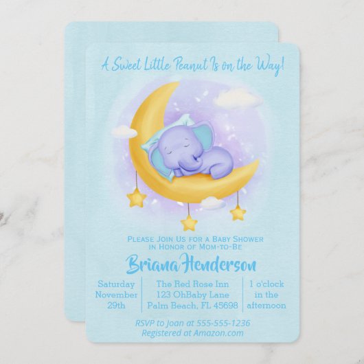 エレファントボーイ甘い小さなピーナッツ赤ちゃんシャワー 招待状 (正面/裏面)