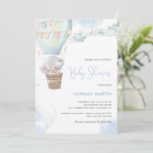 エレファントボーイ青バルーンかわいい赤ちゃんシャワー 招待状 (スタンド正面)