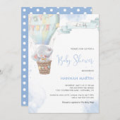 エレファントボーイ青バルーンかわいい赤ちゃんシャワー 招待状 (正面/裏面)