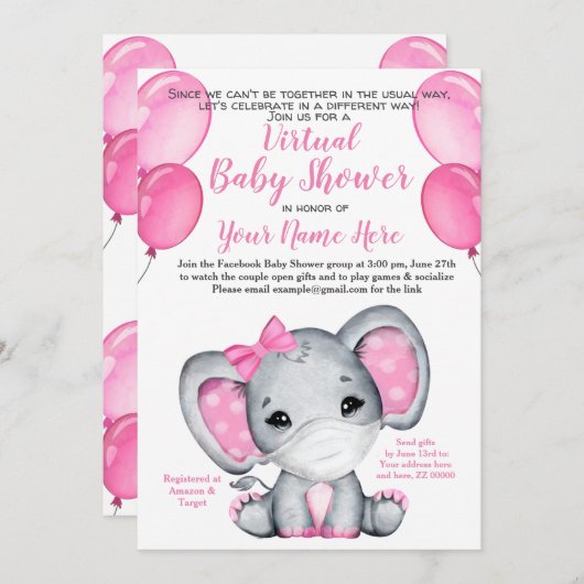 エレファントマスク仮想シャワーベビーガール招待状 招待状 (正面/裏面)