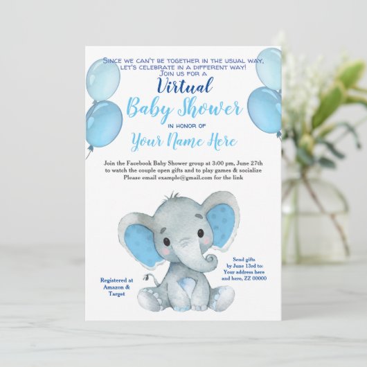エレファントマスク仮想シャワー男の赤ちゃん招待状 招待状 (スタンド正面)