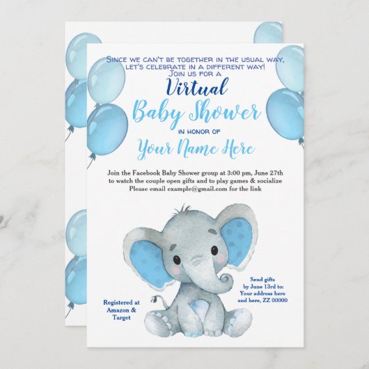 エレファントマスク仮想シャワー男の赤ちゃん招待状 招待状 (正面/裏面)