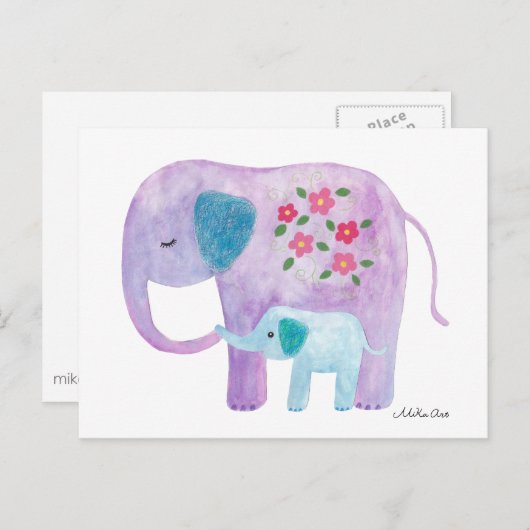エレファントママ&ベビーはがき可愛いエレファントカード ポストカード (正面/裏面)