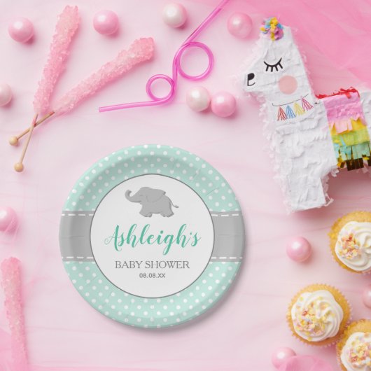 エレファントミントグリーングレー水玉模様ベビーシャワー ペーパープレート (パーティー)